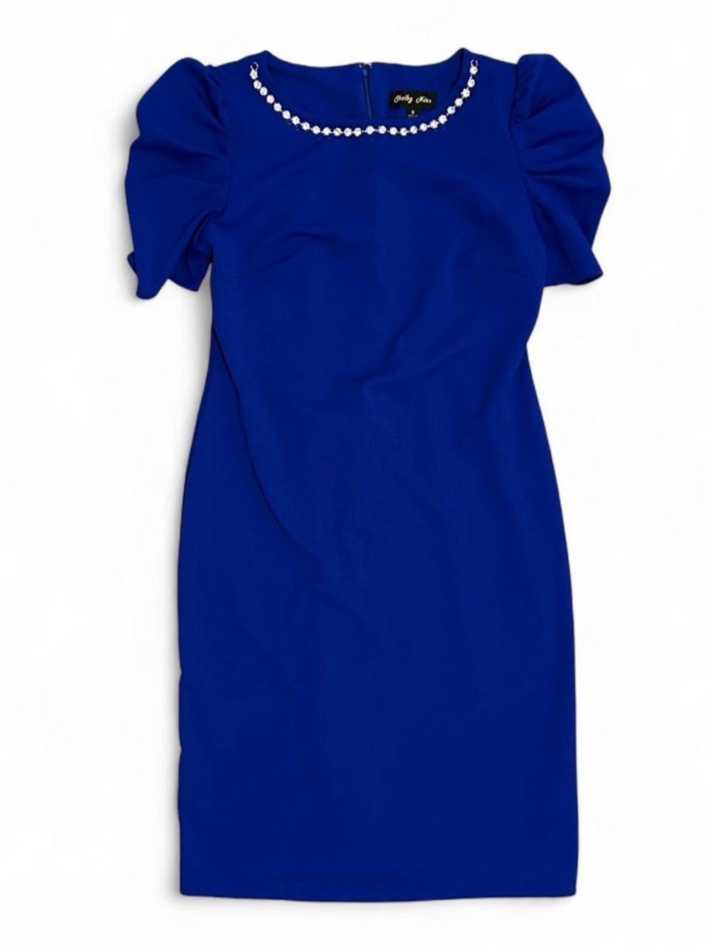 Women’s Shelby Nites Royal Blue Knee Length Pleated Puff Short Sleeve Dress 6